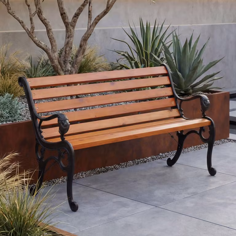 Panchina da giardino HWC-O25, panchina da parco Panchina in legno a 2 posti, ghisa Legno di pino, 132 cm ~ teak
