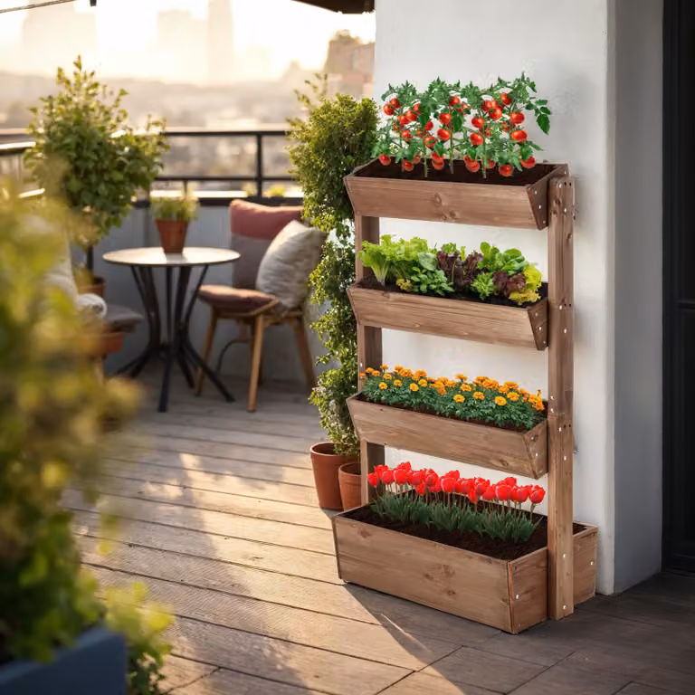 Aiuola verticale Tectake Flora in legno verniciato marrone con tessuto non tessuto per orto e giardino, L: 85 cm, P: 45 cm, H: 140 cm
