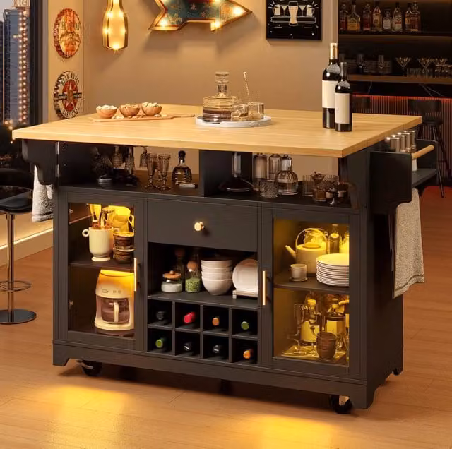 Carrello da cucina mobile nero con LED RGB; piani pieghevoli e portabottiglie; 120x80x95 cm