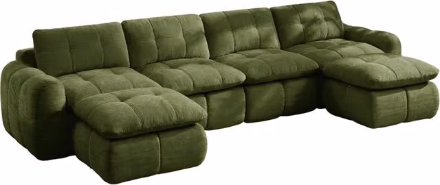 Divano modulare ad U 4 posti senza telaio verde in Chenille, sedute ampie e profonde, con 2 pouf, ideale per soggiorno e appartamenti