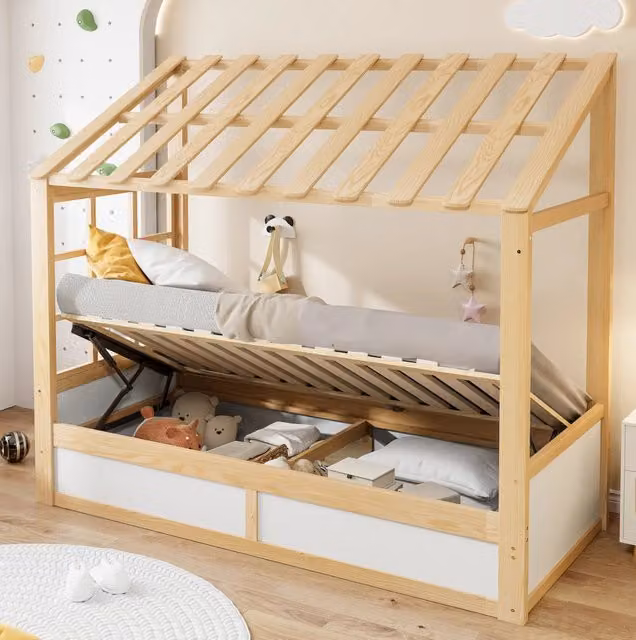 Letto per bambini ULEVR 90x200 cm a forma di casa con vano contenitore idraulico e scomparti laterali, bianco e naturale