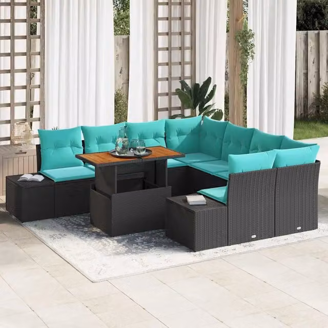 Set Divano da Giardino 9 pz Nero Poly Rattan 3358685