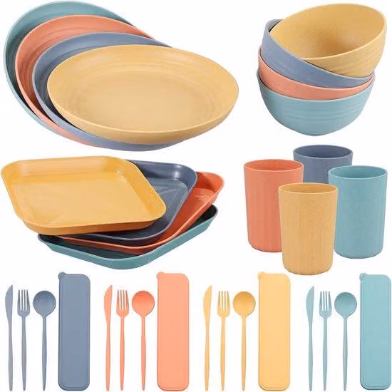 Set da campeggio portatile per 4 persone, leggero e infrangibile, con piatto, tazza, forchetta, coltello e cucchiaio