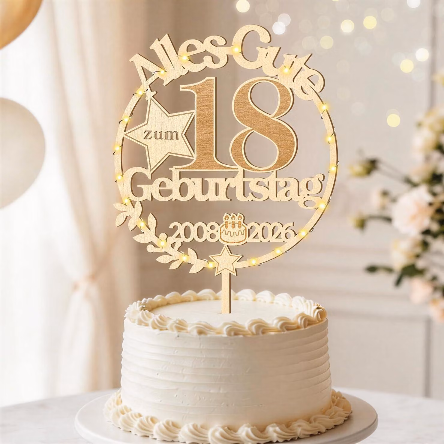 Decorazione per torta per il diciottesimo compleanno, in legno, con luci LED