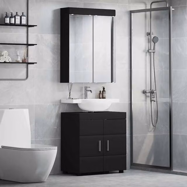 Set di mobili per il bagno moderno vidaXL composto da mobile lavabo e armadietto con specchio, finitura nera opaca e dettagli argento, L: 60 cm, P: 34 cm, H: 63 cm – 1