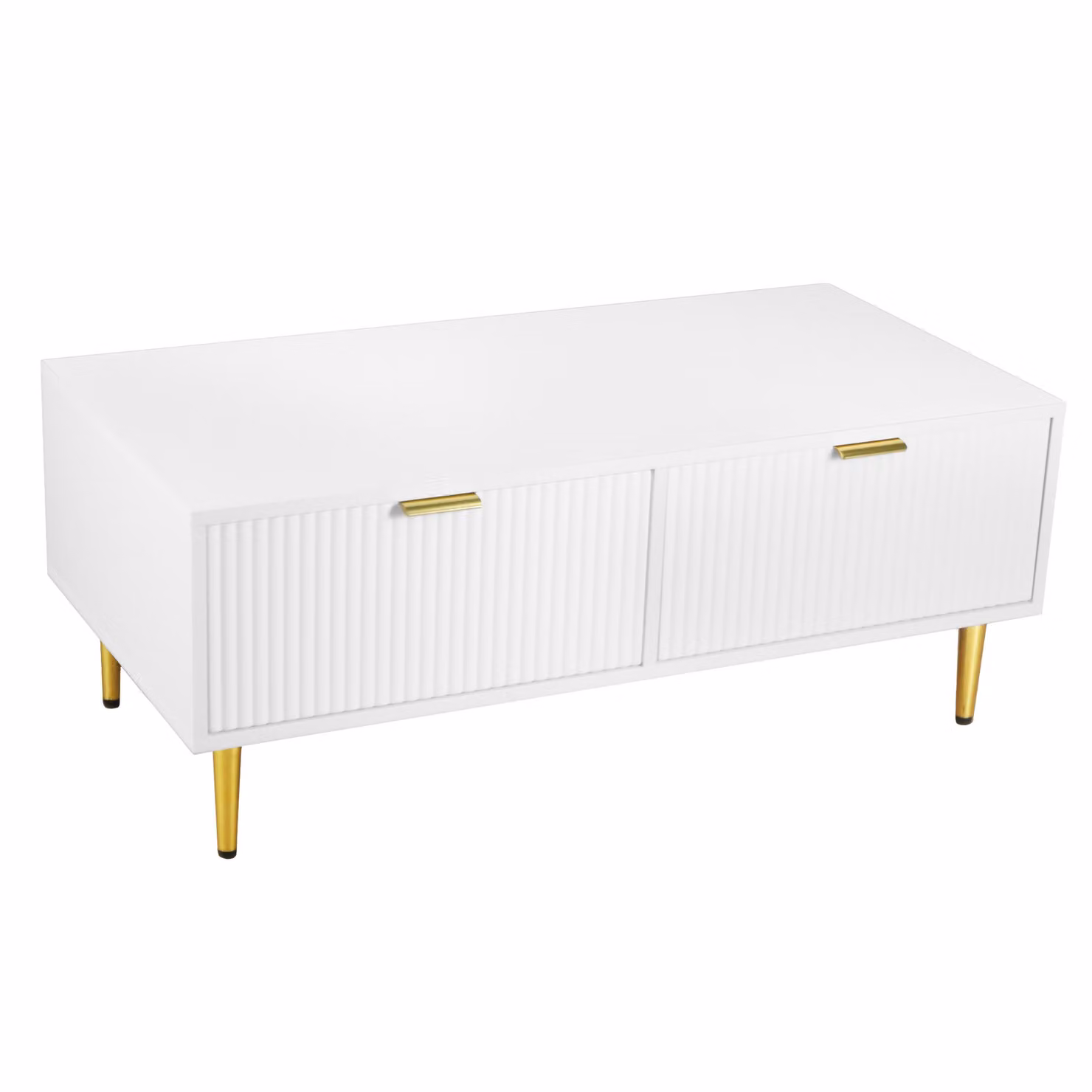 Tavolino da Salotto Moderno con 2 Cassetti e Design a Righe Verticali, L: 100 cm, P: 50 cm, H: 40 cm - Bianco e Oro – 2