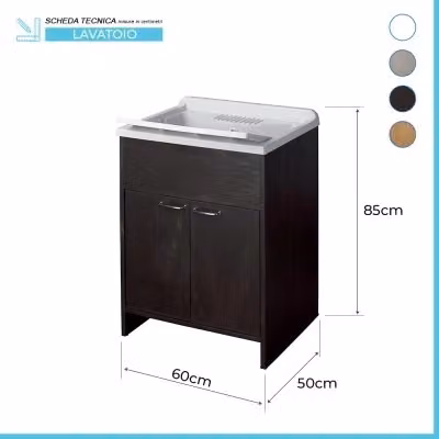 Mobile lavatoio wengè con vasca e asse lavapanni in resina L: 60 cm, P: 50 cm, H: 85 cm – 2