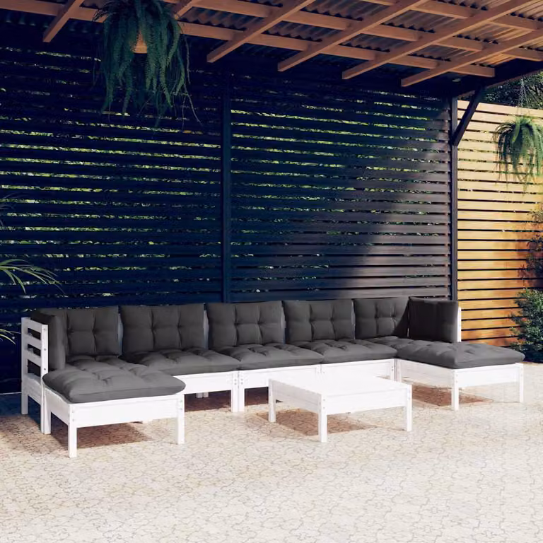 Set di divani da giardino vidaXL a forma di L composto da 8 pezzi con cuscini bianchi e antracite in legno di pino trattato