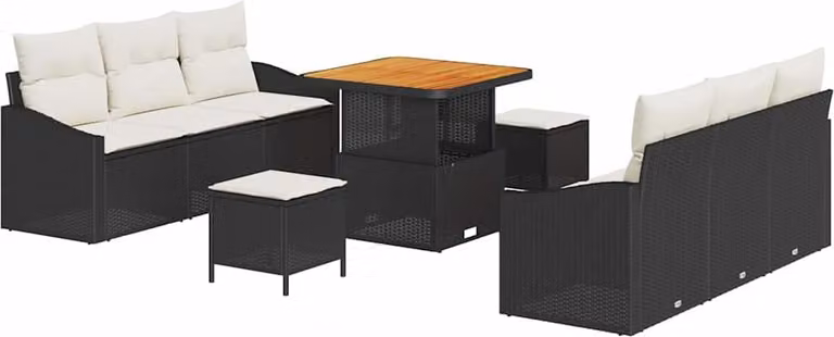 Set Divano da Giardino con cuscino 9 pcs Nero polyrattan