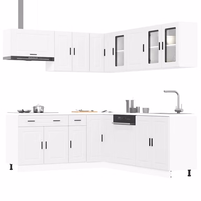 Set di mobili da cucina moderno vidaXL composto da 11 pezzi in legno e vetro, colore bianco opaco
