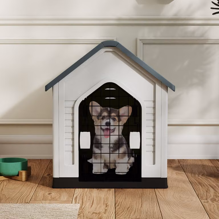 Casa per cani Costway in plastica e metallo con porta, rifugio per animali domestici da interno ed esterno, Grigio