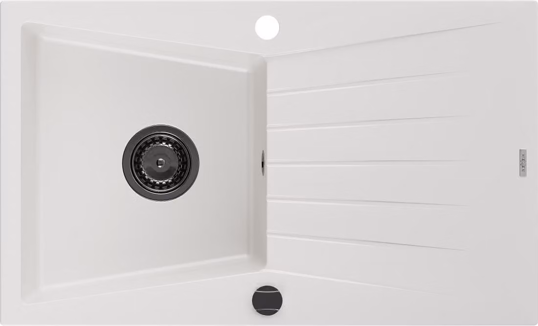 Mexen Cesar lavello in granito 1 vasca con sgocciolatoio 775 x 470 mm, bianco, sifone nero - 6514771010-20-B