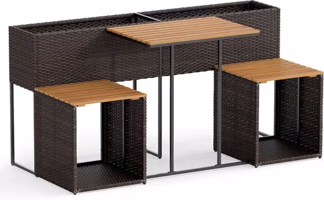 Set di mobili da patio con letto da giardino rialzato in legno di acacia, Tavolo e sedie in rattan PE con spazio di stoccaggio per veranda Marrone