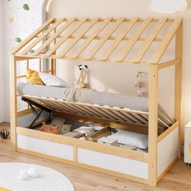 Letto casetta per bambini 90 x 200 cm con tetto, finestra e contenitore idraulico