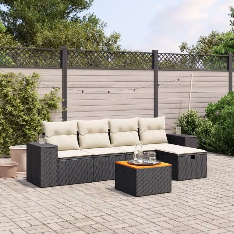 vidaXL Set Divano da Giardino a L 6 pz con Cuscini Nero e Polyrattan