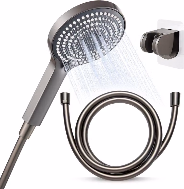 Doccia con flessibile da 1,6 metri, 6 getti, supporto, sistema di risparmio idrico, finitura nera cromata, per bagno