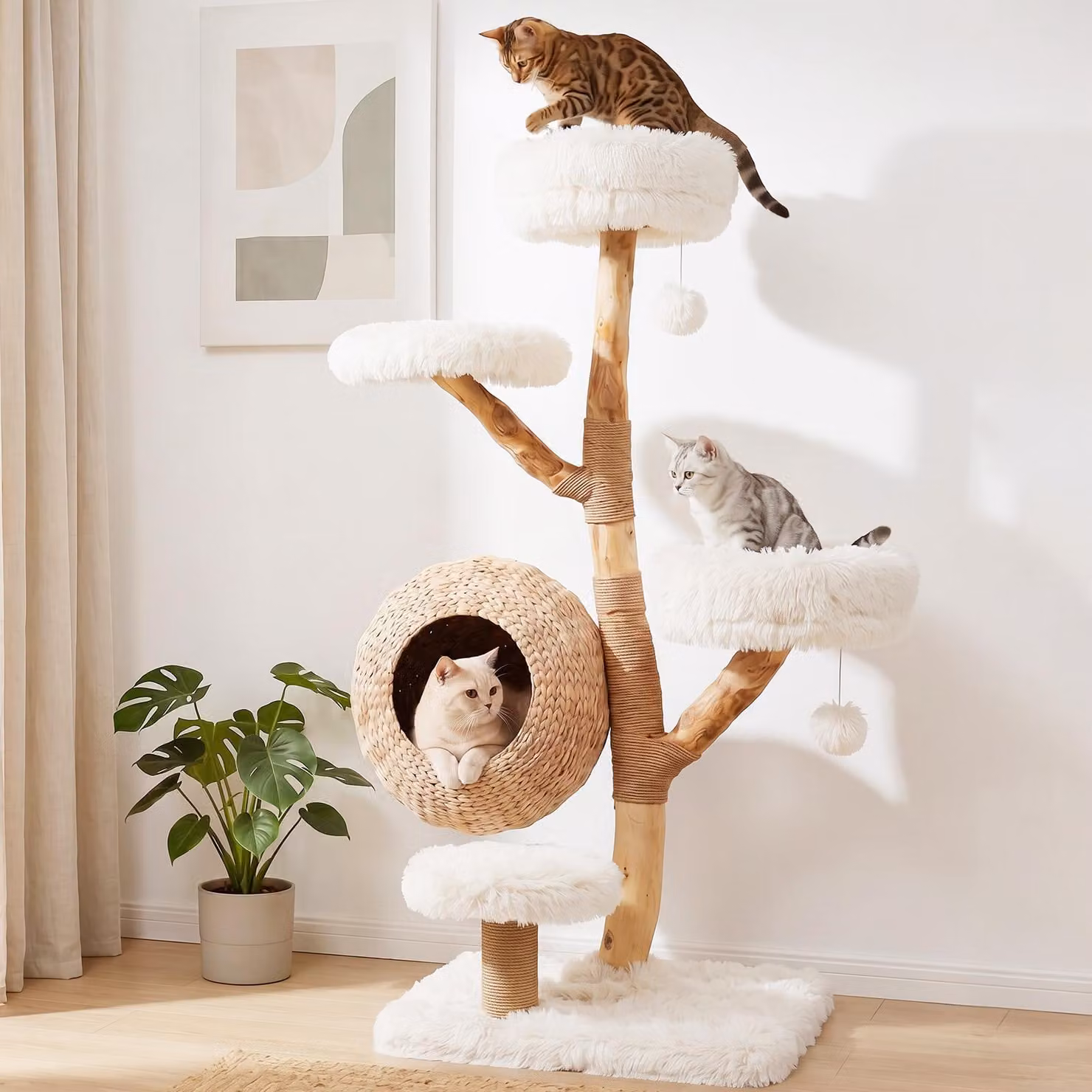 COSTWAY, albero per gatti da 134 cm, a 5 piani, con cuccia, pali per graffiare, pallina appesa e piattaforme imbottite rivestite in peluche, struttura in juta