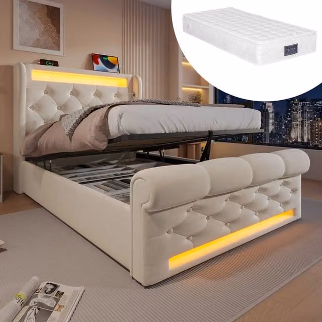 Letto singolo rivestito in velluto beige 90x200cm con luci LED testiera riporto USB Type-C e sistema idraulico con materasso