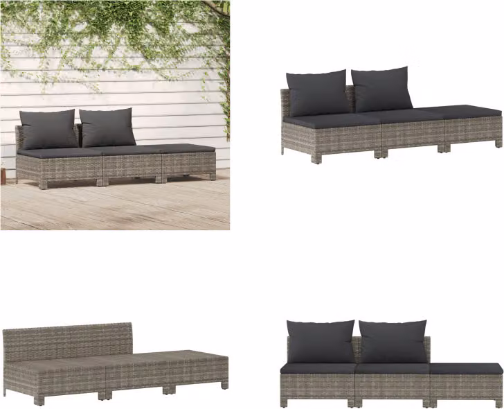 vidaXL Set salotto da giardino 3 pezzi con cuscini in poly rattan grigio - Set salotto da giardino - Set salotto da giardino - Set salotto - Set arredo giardino