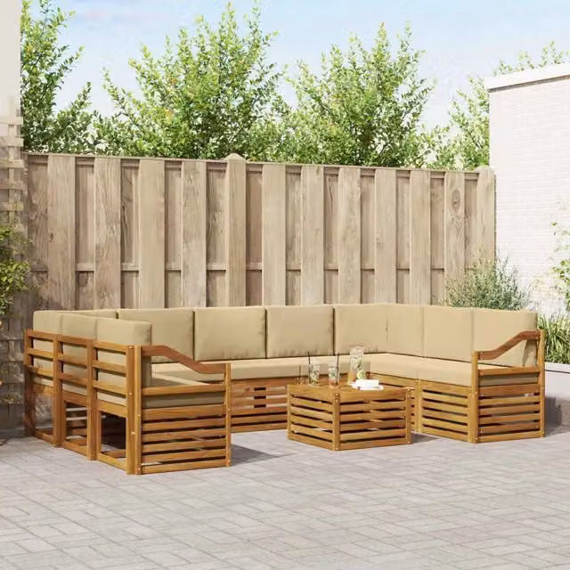 Set di divani da esterno a L con tavolino da giardino vidaXL in legno di acacia e beige – 1