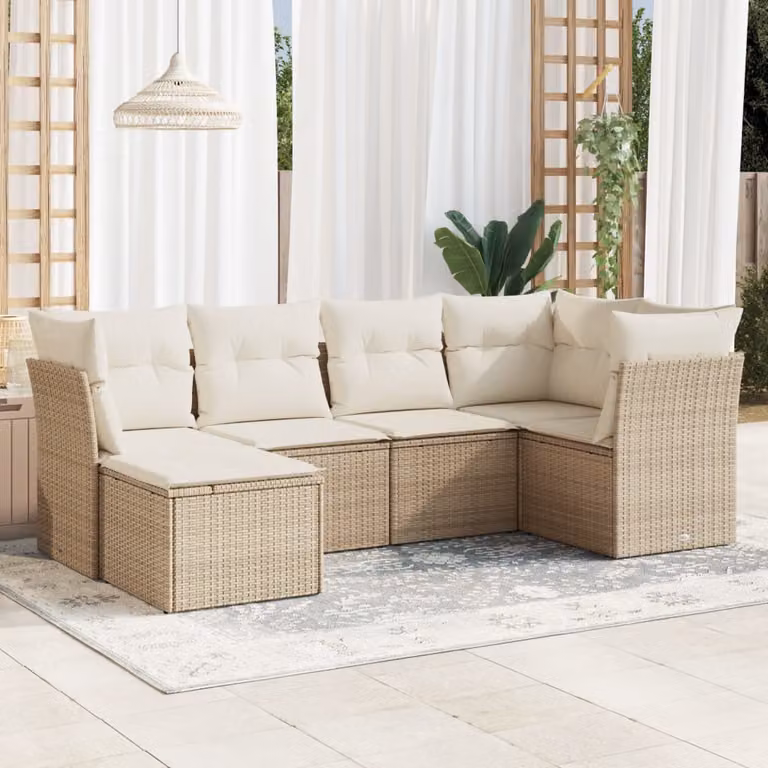 Set Divano da Giardino vidaXL 6 pz a Forma a L in Polyrattan Beige con Cuscini e Ottoman