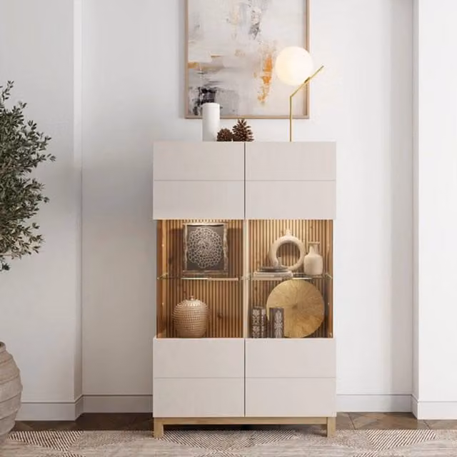 Vetrina Espositore DMORA con Ante in Vetro e 6 Ripiani, Colore Beige e Rovere, L: 90 cm, P: 35 cm, H: 146.5 cm