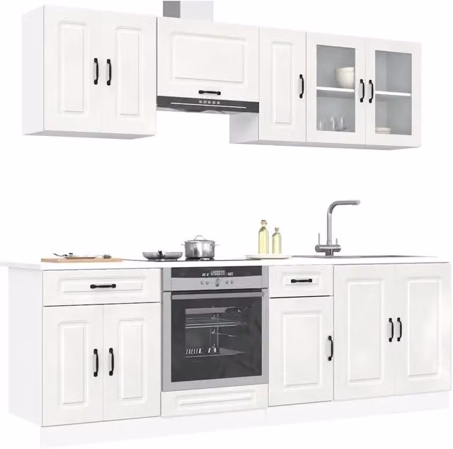 Set di mobili da cucina vidaXL composto da 8 pezzi in legno e MDF bianco lucido con ante in vetro