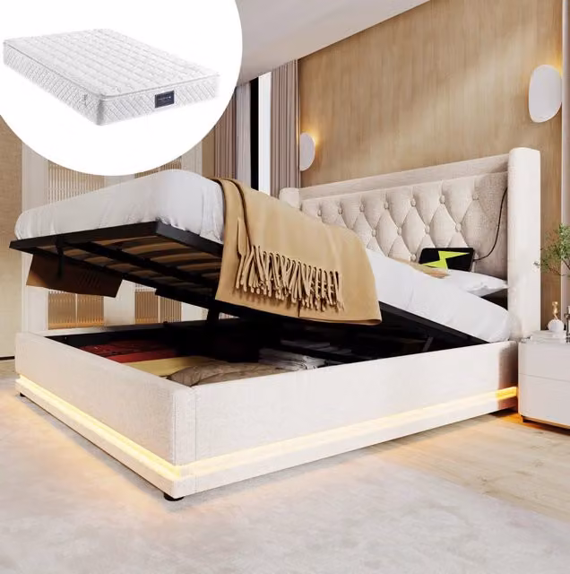 Letto contenitore 140x200 cm in cotone beige con LED e USB Type-C salvaspazio –