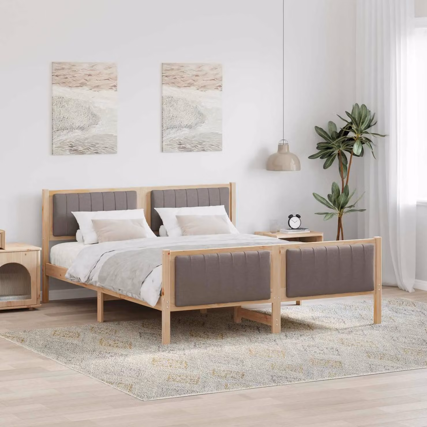 Struttura del letto moderna vidaXL con testiera imbottita in tessuto e legno di pino, Marrone e Beige, 160 x 200 cm – 1
