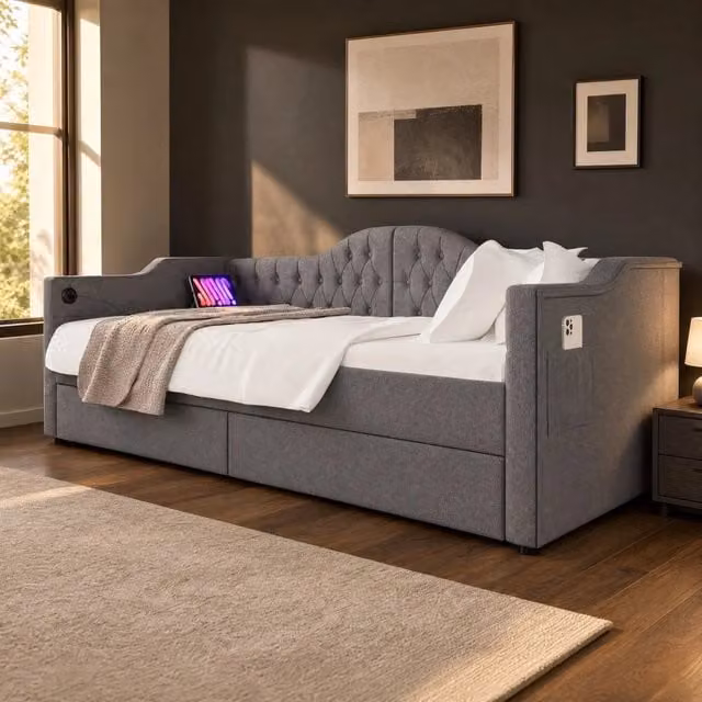 Letto singolo daybed 90x200 cm con 2 cassetti; USB e USB-C; rivestito in lino grigio