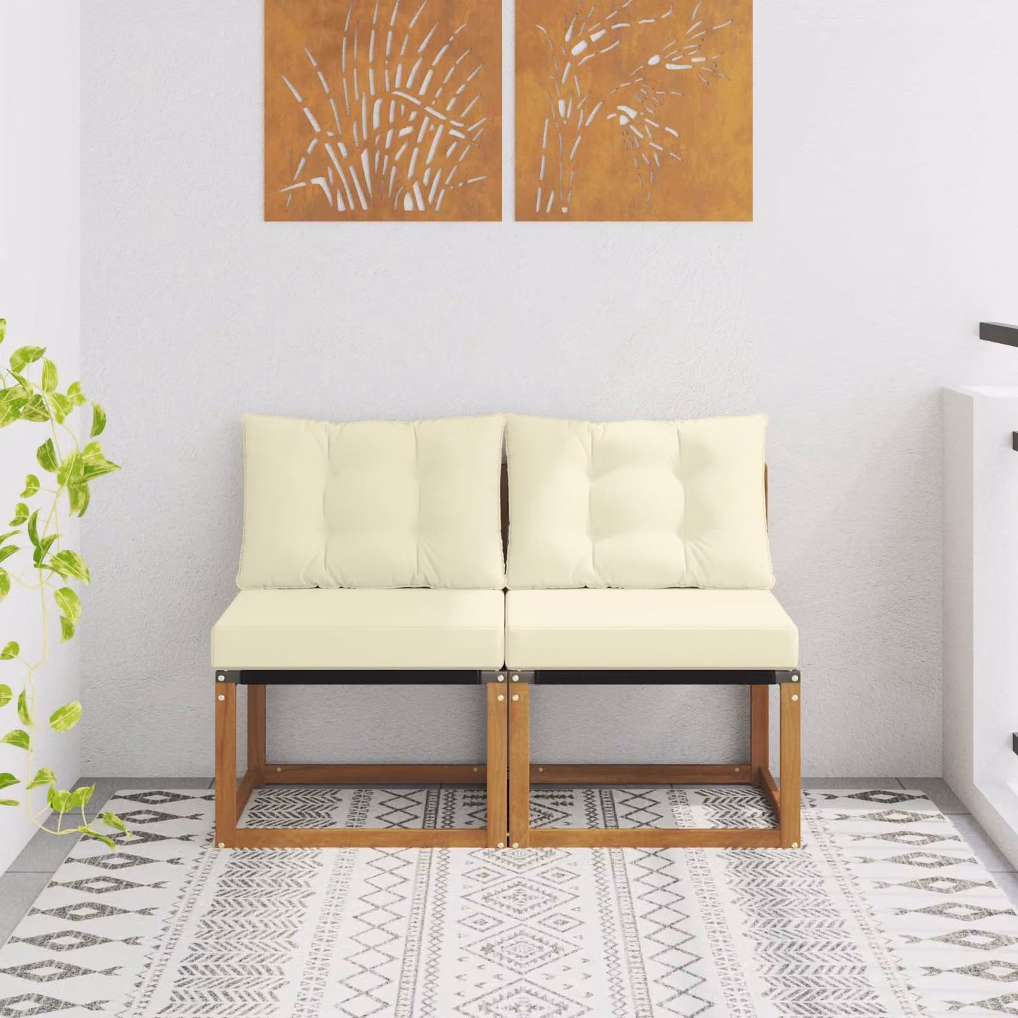 Set di 2 divani centrali da esterno vidaXL in legno di acacia color beige e marrone con seduta imbottita in schiuma e rivestimento in tessuto per giardino o terrazzo