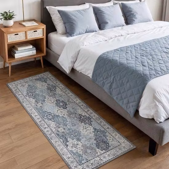 Tappeto BEIMO con motivo floreale vintage blu, antiscivolo e lavabile, ideale per corridoio e soggiorno, L: 80 cm x P: 200 cm