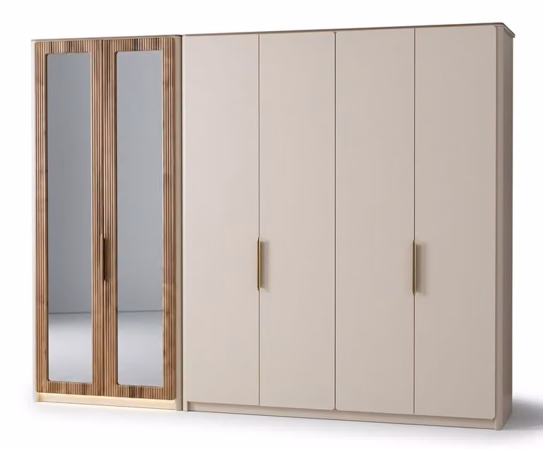 Armadio elegante in stile scandinavo, color beige, con 6 ante e specchio