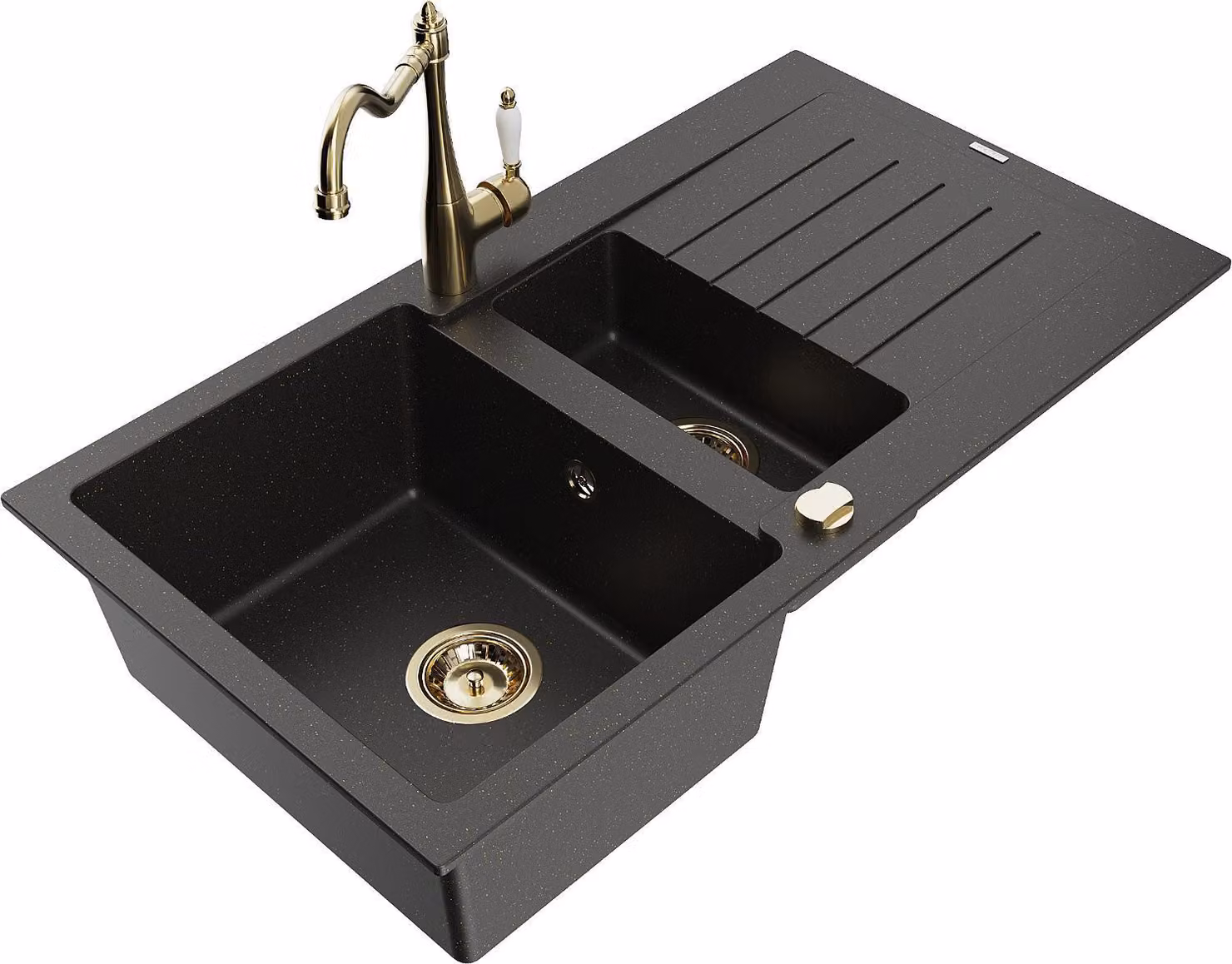 Mexen Matias lavello in granito 1,5 vasche con sgocciolatoio e miscelatore cucina Carla, nero/oro metallico - 6502-75-670700-50