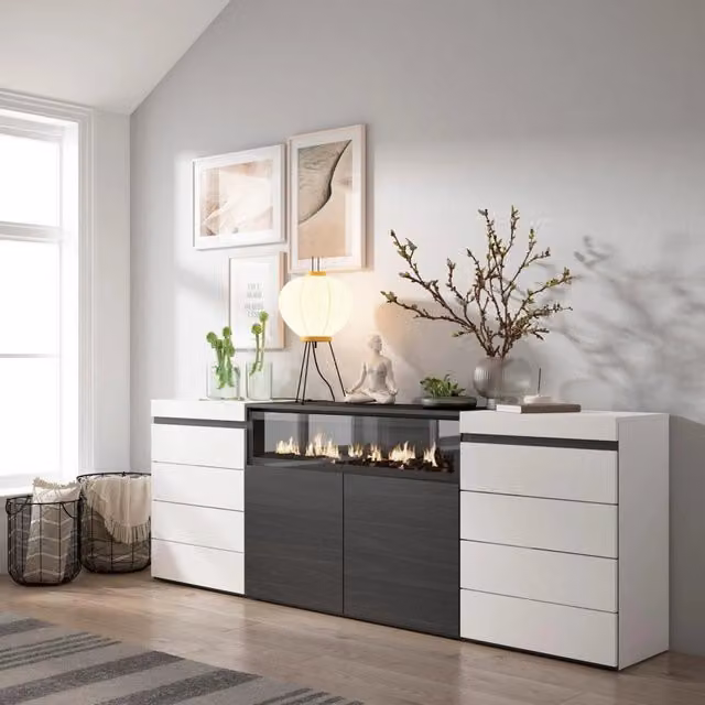 Cassettiera, 214x35x75cm, Camera da letto, Camino elettrico, Bianco e nero RF3425