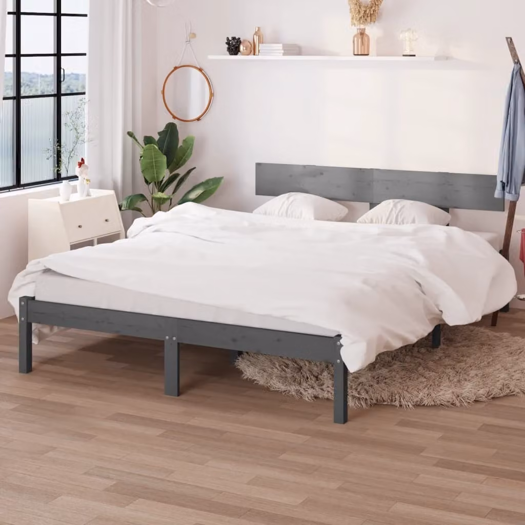 The Living Store Letto in legno massiccio di pino grigio 200x200 cm
