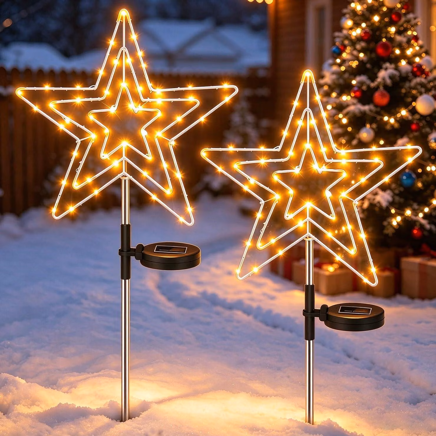 Set di 2 lanterne solari, 75 LED, 8 modalità, grado di protezione IP65, dimensioni 30x70 cm, in metallo
