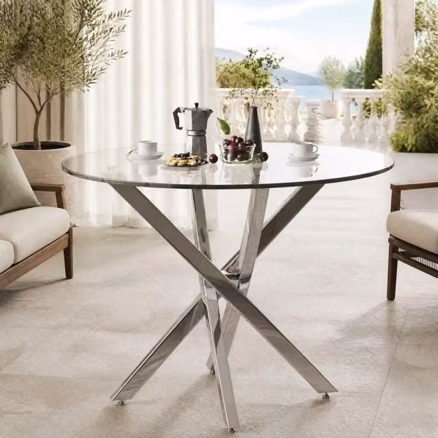Tavolo da pranzo rotondo 80 x 80 x 75 cm argento – piano in vetro temperato