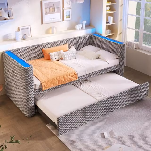 Letto divano singolo 90 x 200 cm; contenitore idraulico; rete a doghe e LED; velluto e MDF; beige