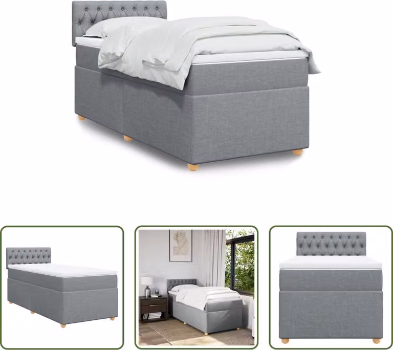 The Living Store Letto a molle con materasso grigio chiaro 90x190 cm in tessuto