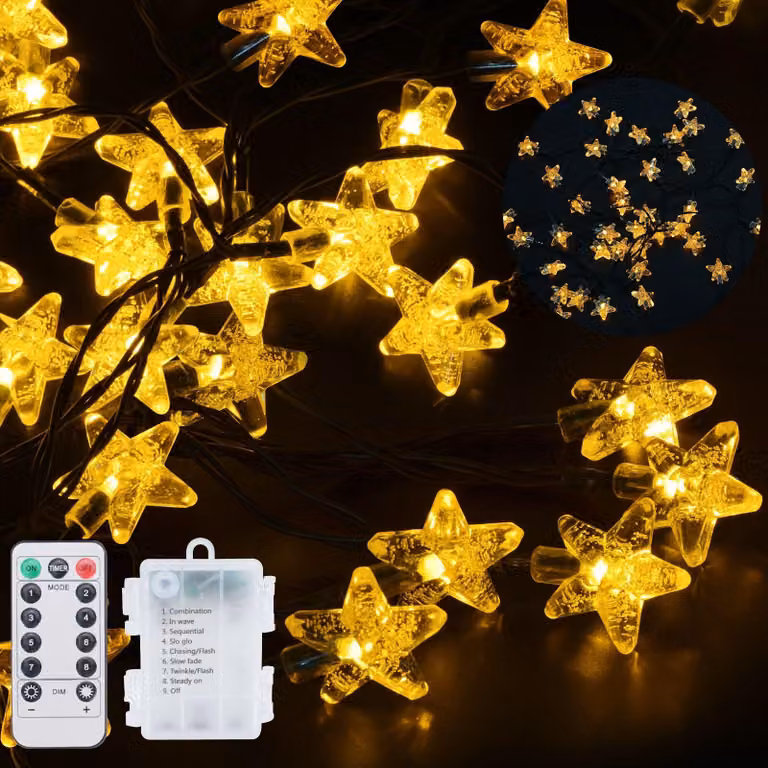 Catene luminose con decorazioni a forma di stella, 40 LED, 6 metri, luce bianco caldo, grado di protezione IP65, 8 modalità