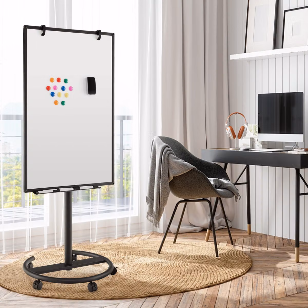 Lavagna Bianca Magnetica Mobile Costway con Accessori, Regolabile in Altezza con Supporto Rotondo e 5 Ruote Bloccabili, L: 65 cm, P: 60 cm, H: 132-192 cm – 3