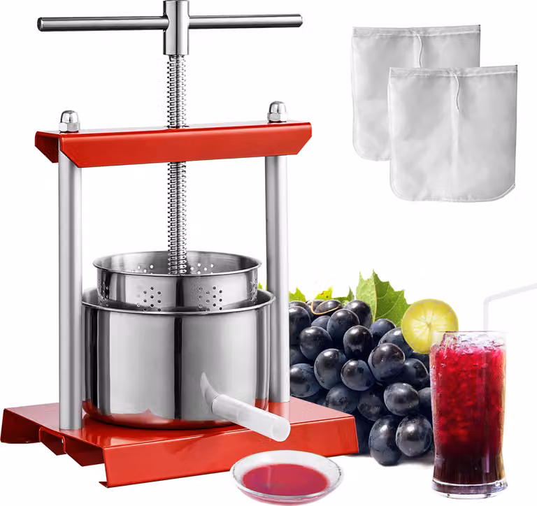 VEVOR 2 L Pressa per frutta Pressa per frutta con manico a T, pressa per bacche 14 x 13 cm Pressa per mele Spremiagrumi manuale Pressa per frutta Pressa meccanica in acciaio inox adatta per succhi di frutta, purea ecc.