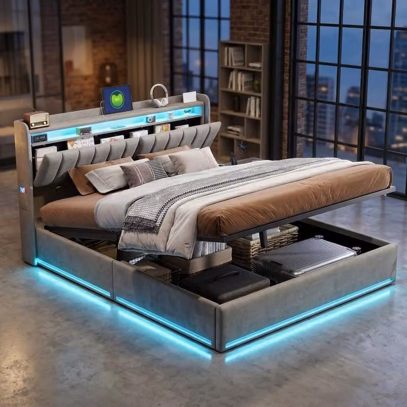 ProximaX Letto matrimoniale moderno 160x200 cm in velluto grigio, letto con contenitore idraulico, LED RGB, testiera e presa di corrente UE