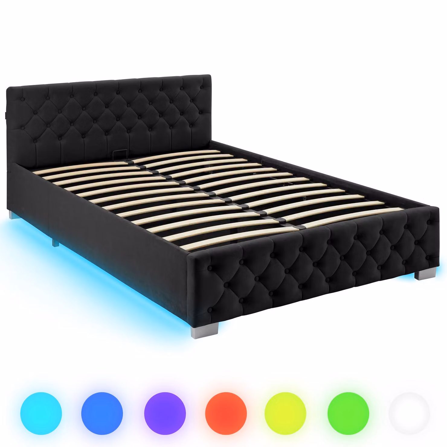 Letto imbottito modello Chesterfield tectake con contenitore a sollevamento, illuminazione LED sottostante e rivestimento in velluto nero, L/P/H: 140 x 200 x 148 cm – 4