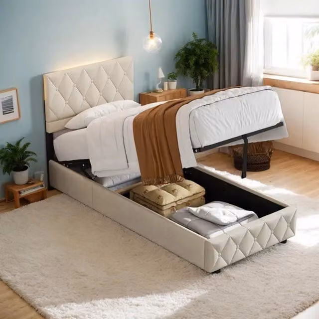Letto singolo imbottito beige 90x190 cm in velluto con struttura in MDF e metallo