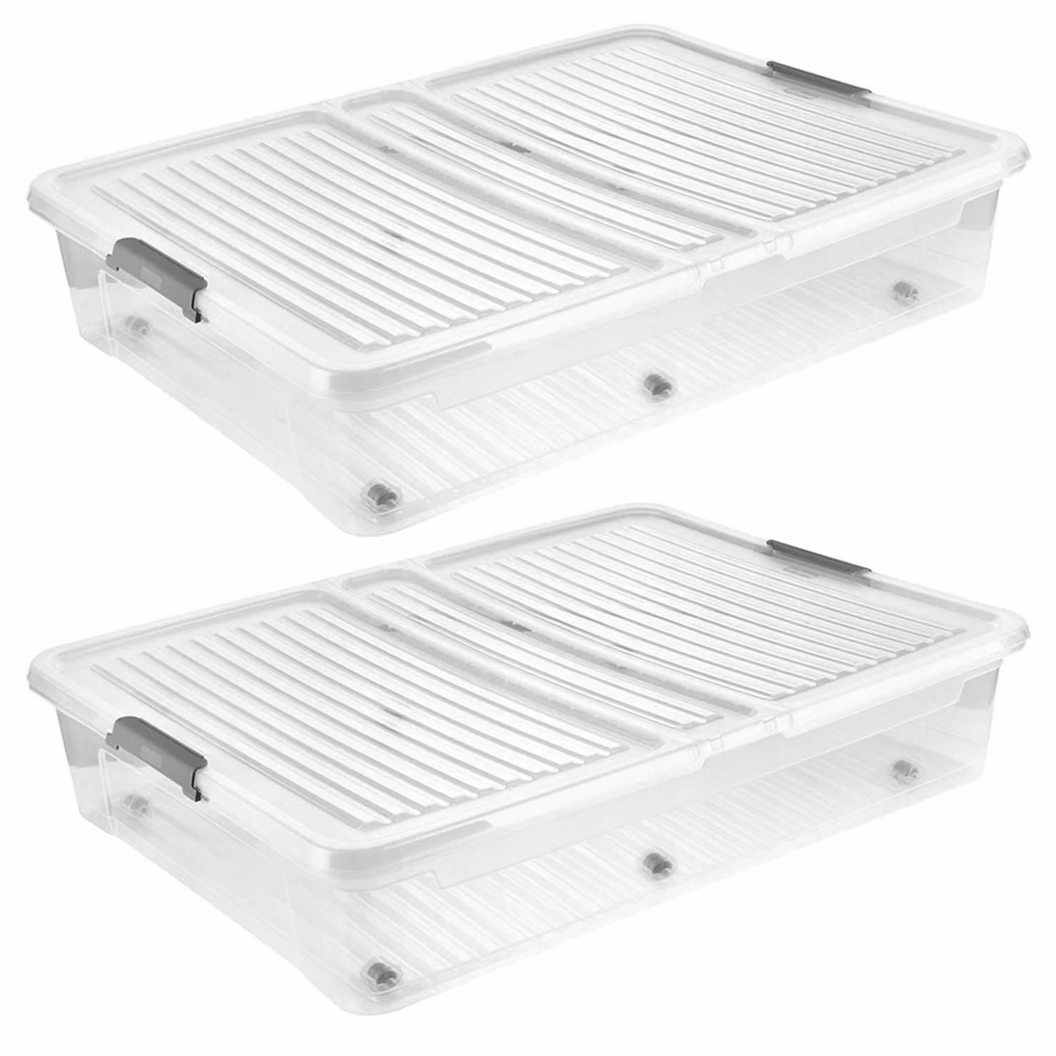 2 contenitori Leo Keeper con coperchio, capacità 53 litri, trasparenti, con ruote, coperchio con chiusura a clip
