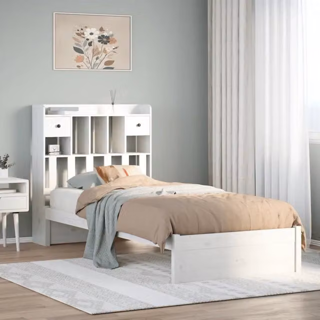 Letto con libreria e ripiani laterali in legno di pino bianco stile rustico vidaXL L: 190 cm, P: 110 cm, H: 151 cm – 1