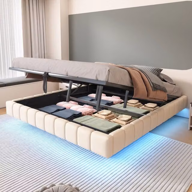 Letto imbottito 180x200 cm con contenitore e LED regolabili; struttura sospesa beige