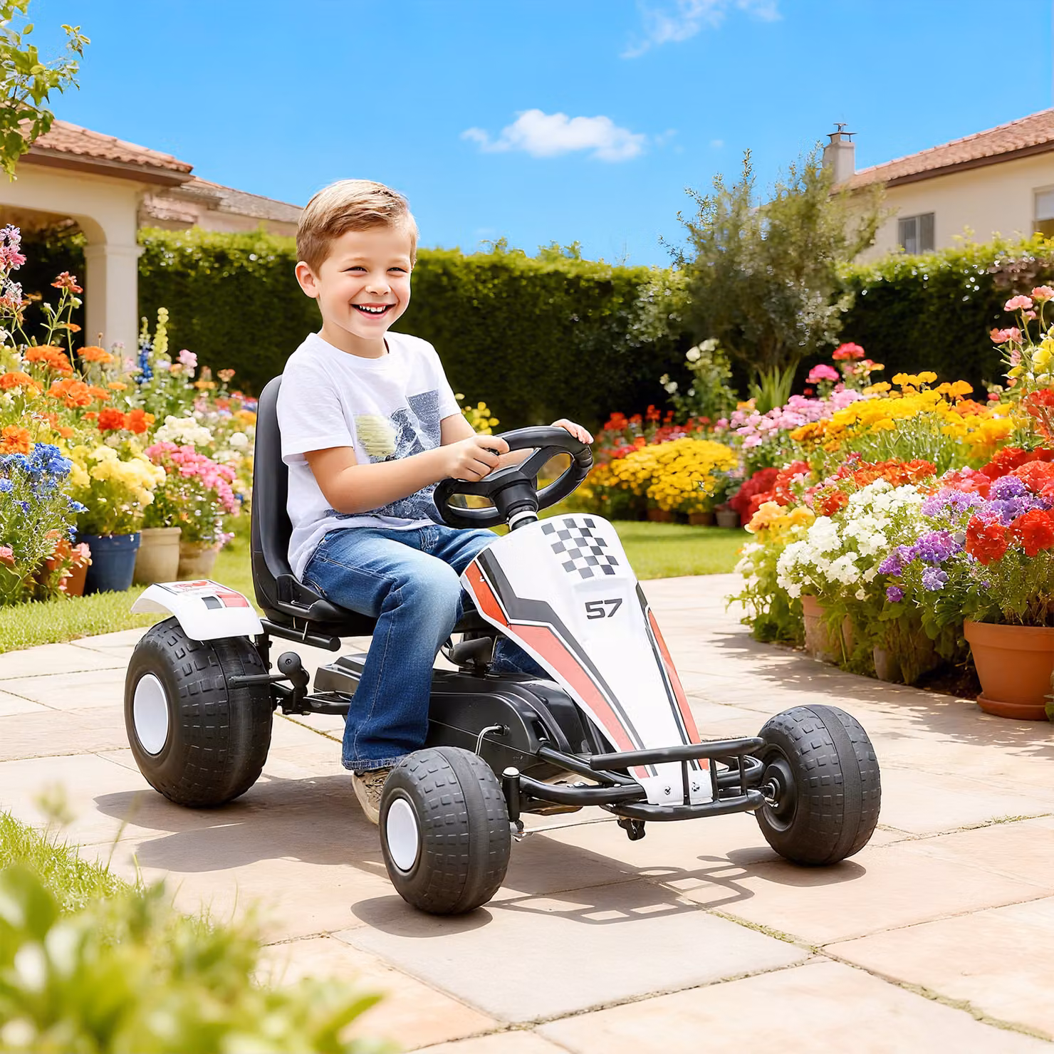 Go-Kart a Pedali HOMCOM Bianco per Bambini con Sedile Regolabile e Freno a Mano – 2